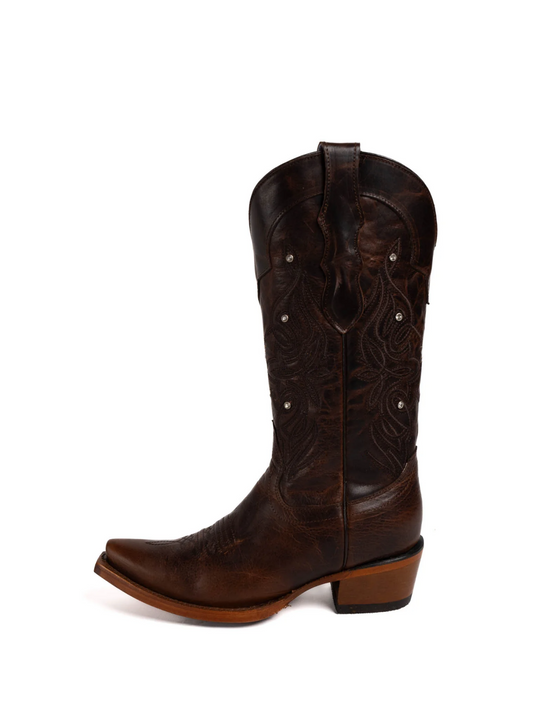 Dark Brown Embroidery Rhinestone Snip-Toe Wide Mid Calf Cowgirl Tall Boots