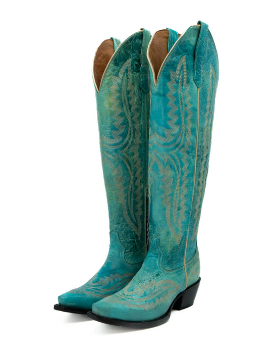 Distressed Turquoise Embroidery Snip-Toe Half-Zip Cowgirl Knee High Tall Boots