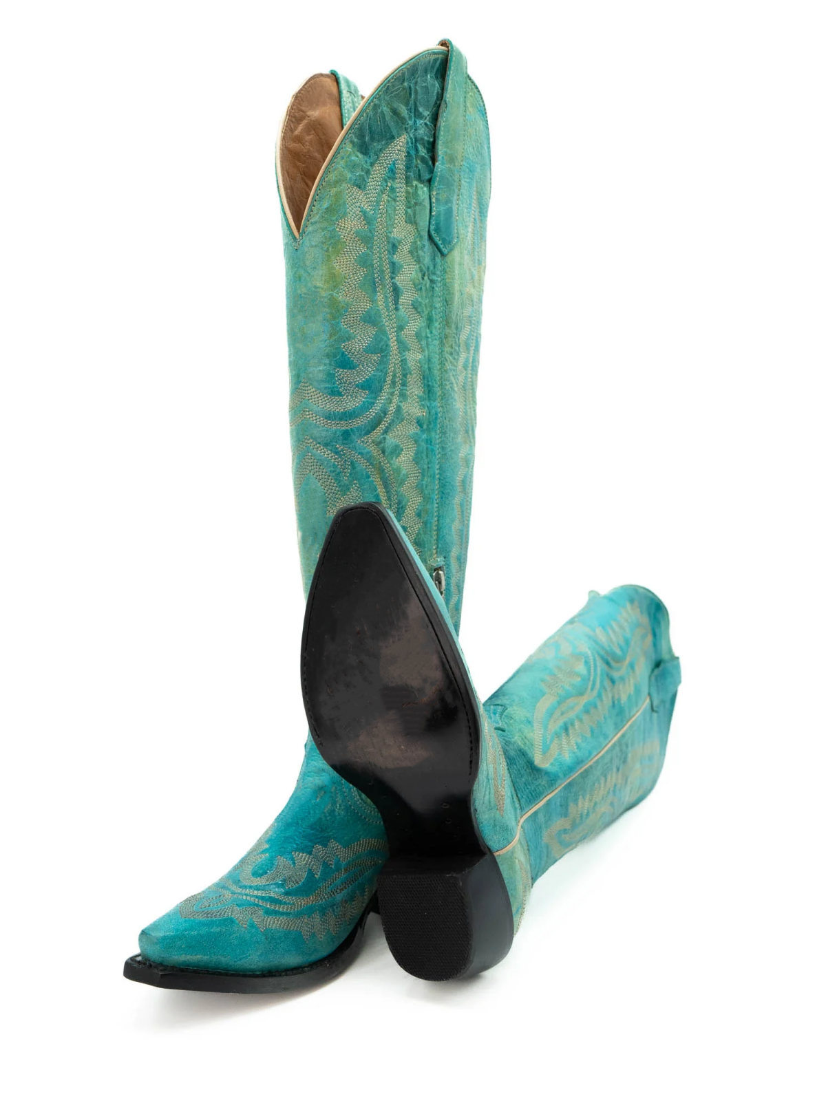 Distressed Turquoise Embroidery Snip-Toe Half-Zip Cowgirl Knee High Tall Boots