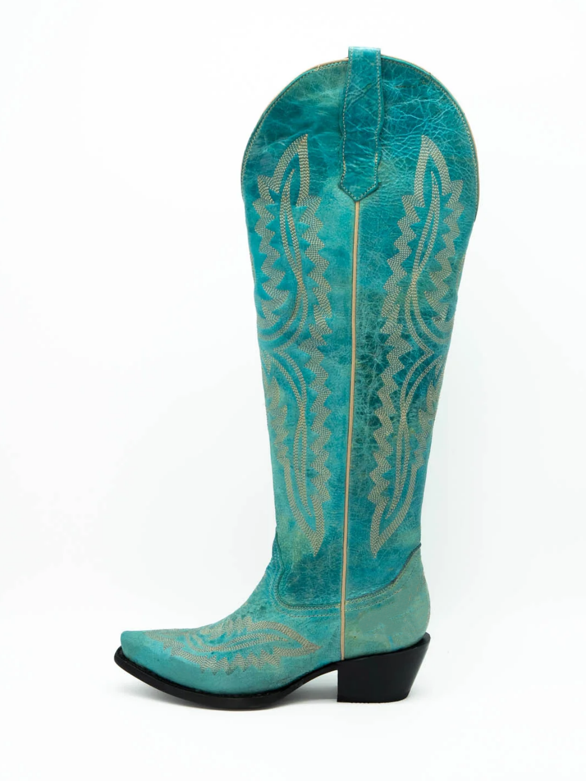 Distressed Turquoise Embroidery Snip-Toe Half-Zip Cowgirl Knee High Tall Boots