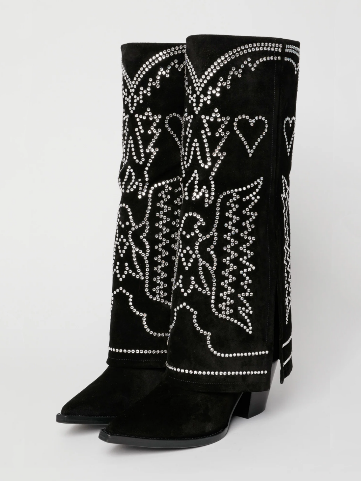 Fold-Over Panel Eagle And Heart Embroidered Rhinestone Snip-Toe Wide Mid Calf Boots - Black Faux Suede