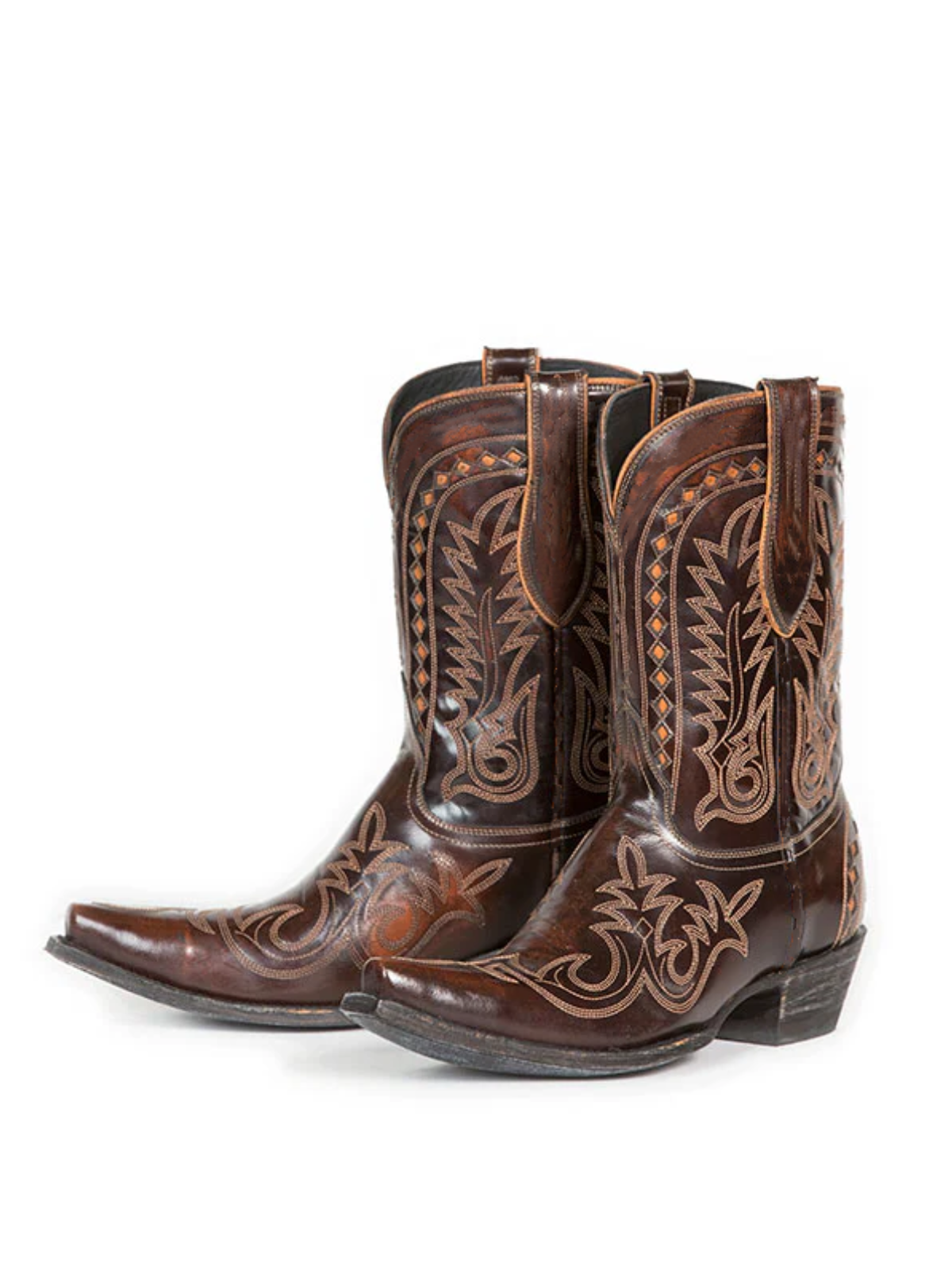 Brown Snip-Toe Inlay Embroidery Wide Mid Calf Cowboy Boots For Women