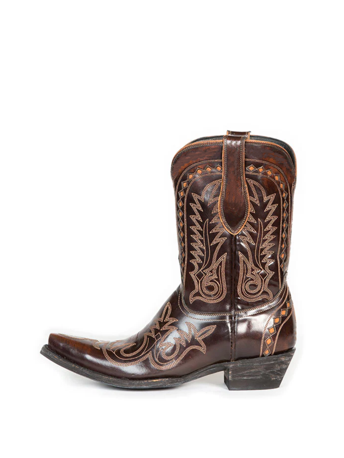 Brown Snip-Toe Inlay Embroidery Wide Mid Calf Cowboy Boots For Women