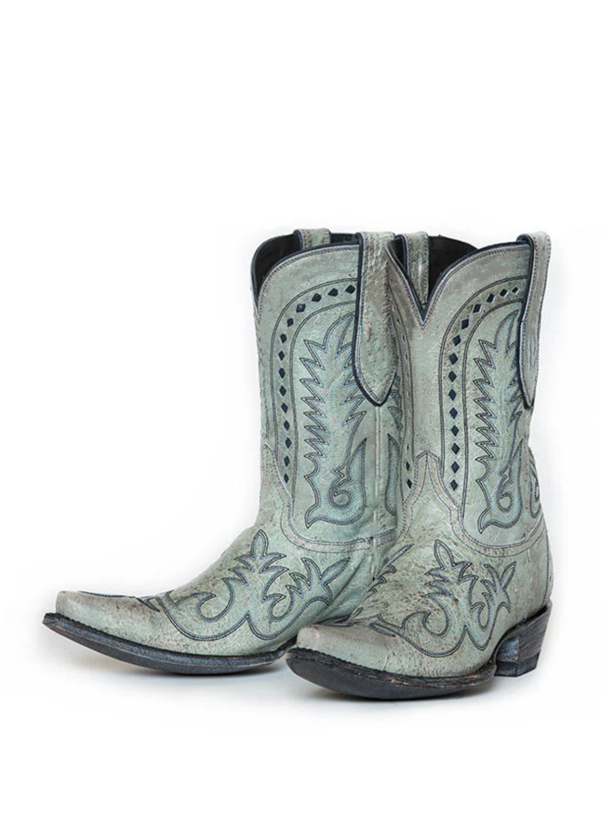 Light Gray Distressed Snip-Toe Inlay Embroidery Wide Mid Calf Cowboy Boots For Women