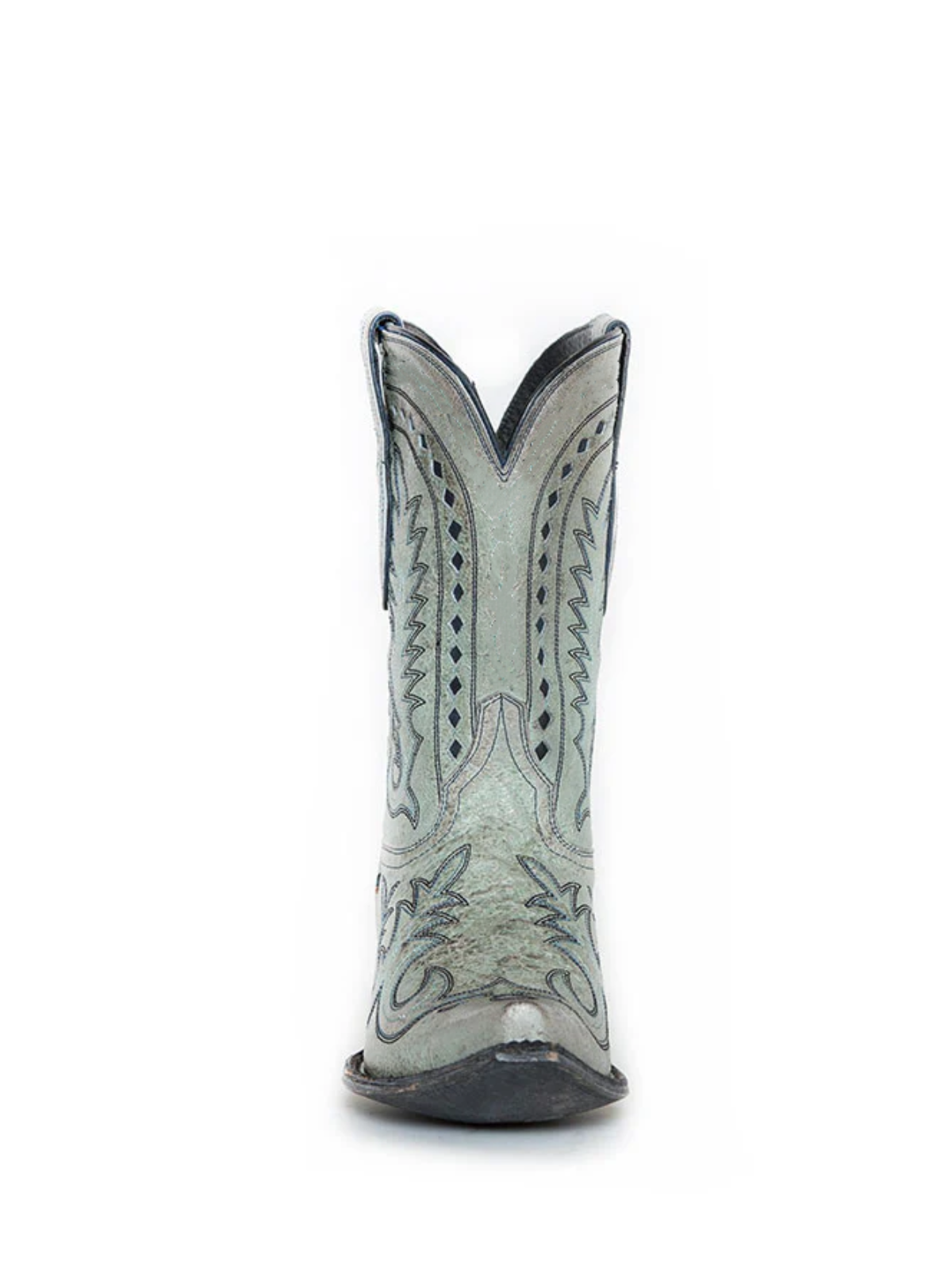 Light Gray Distressed Snip-Toe Inlay Embroidery Wide Mid Calf Cowboy Boots For Women