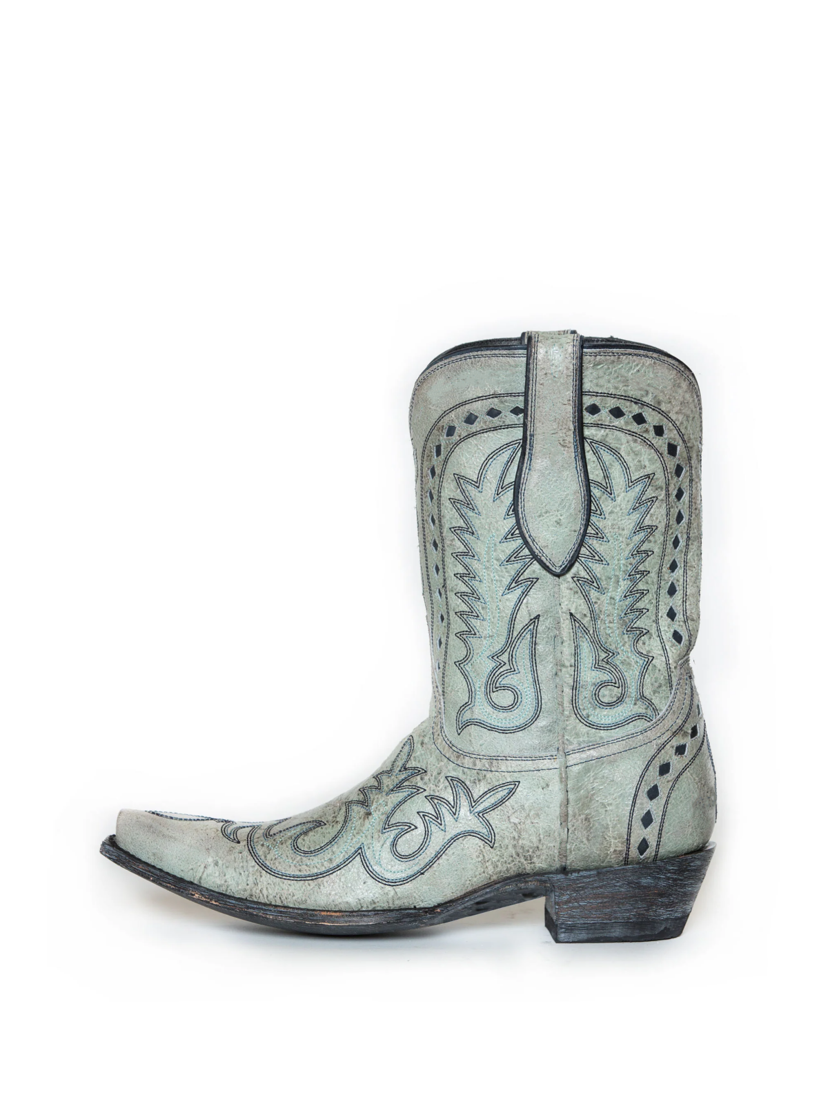 Light Gray Distressed Snip-Toe Inlay Embroidery Wide Mid Calf Cowboy Boots For Women