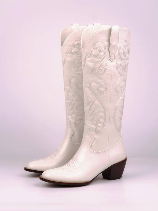 Glossy White Embroidery Cowgirl Wide Calf Boots Western Boots