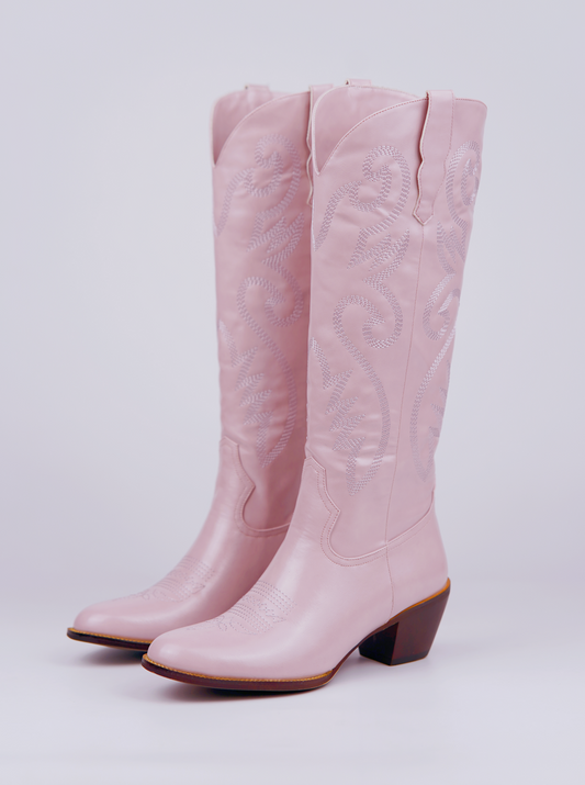 Glossy Light Pink Embroidery Cowgirl Wide Calf Boots Western Boots