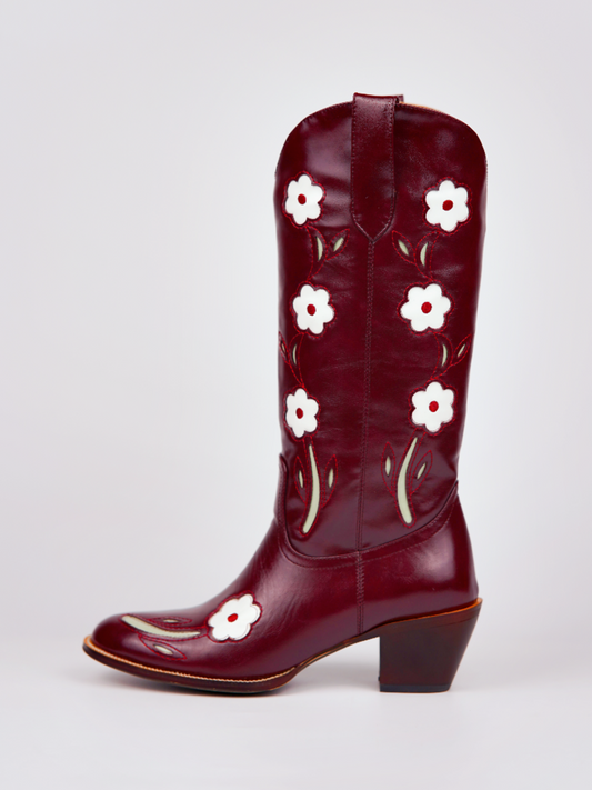 Flower Inlay Cowgirl Wide Calf Western Boots In Glossy Dark Maroon