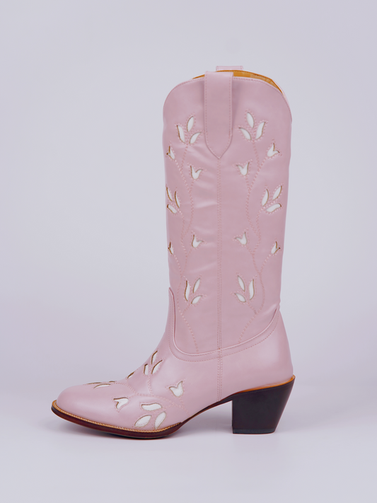 Leaf Inlay Cowgirl Wide Calf Western Boots In Glossy Light Pink