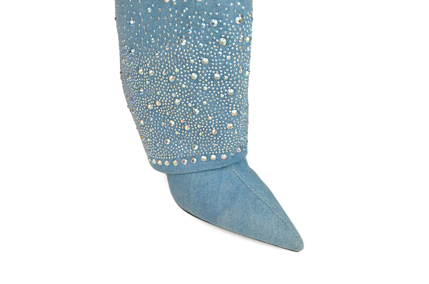 Blue Denim Pointed-Toe Rhinestone Fold-Over Wide Mid Calf Stiletto Boots