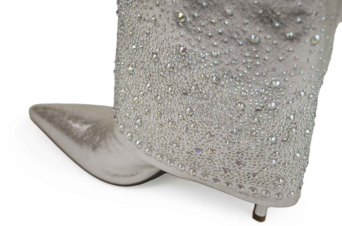 Metallic Silver Pointed-Toe Rhinestone Fold-Over Wide Mid Calf Stiletto Boots