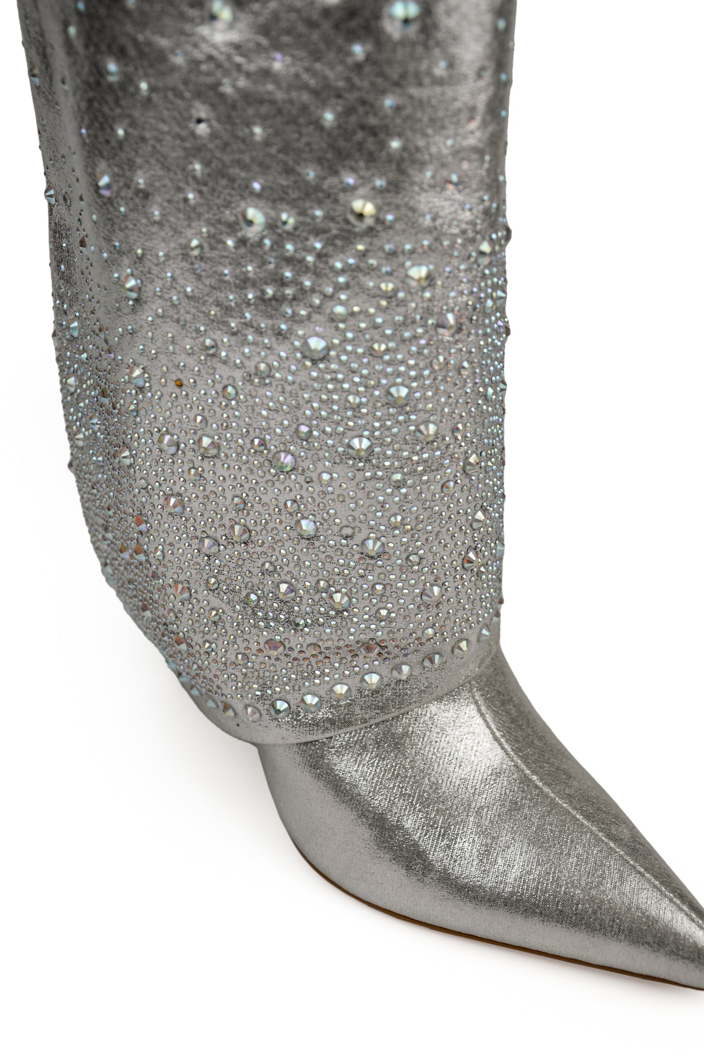 Metallic Silver Pointed-Toe Rhinestone Fold-Over Wide Mid Calf Stiletto Boots