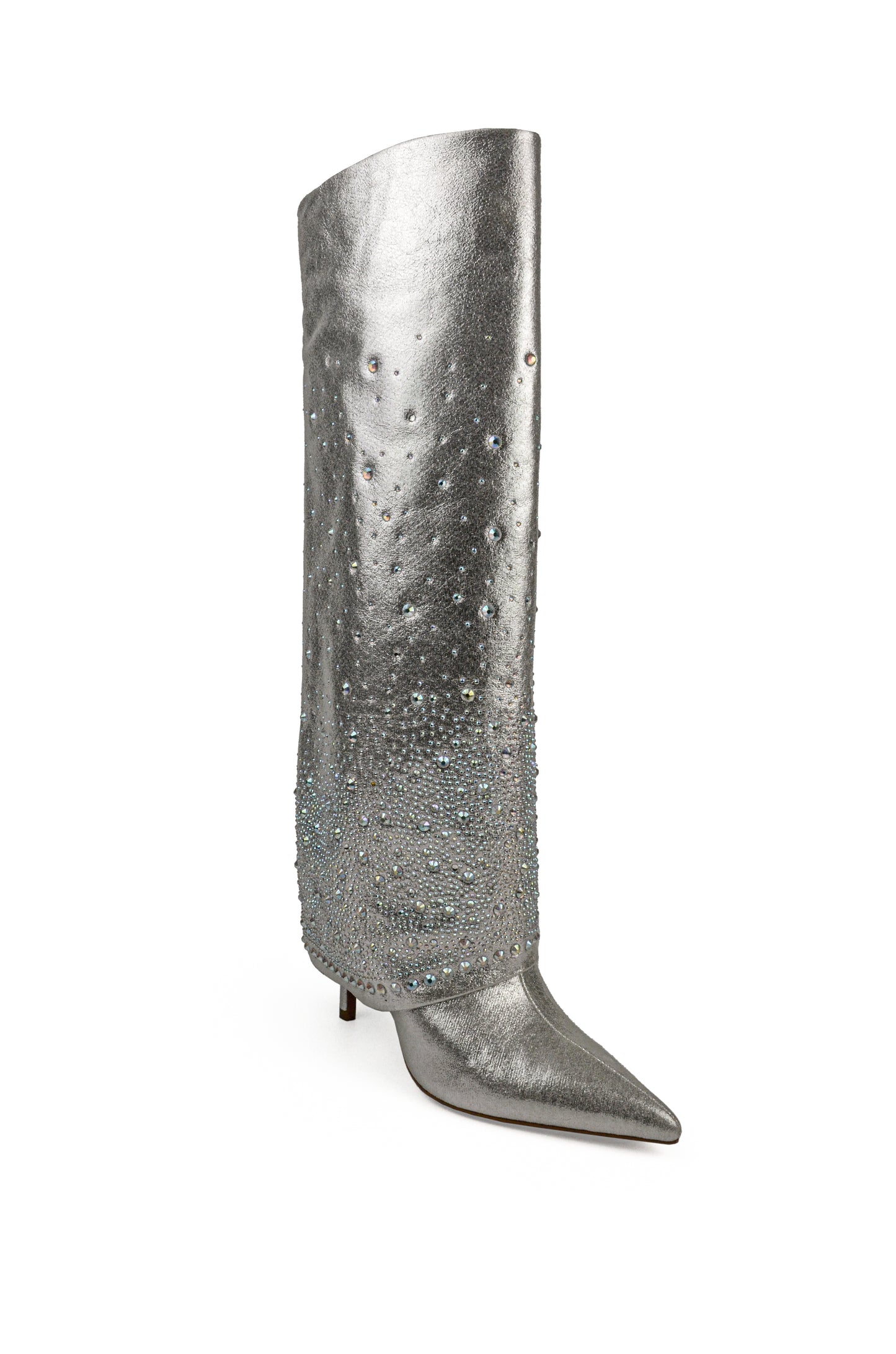 Metallic Silver Pointed-Toe Rhinestone Fold-Over Wide Mid Calf Stiletto Boots