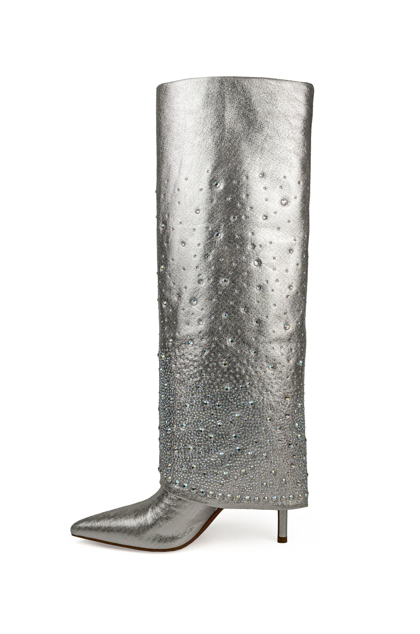 Metallic Silver Pointed-Toe Rhinestone Fold-Over Wide Mid Calf Stiletto Boots