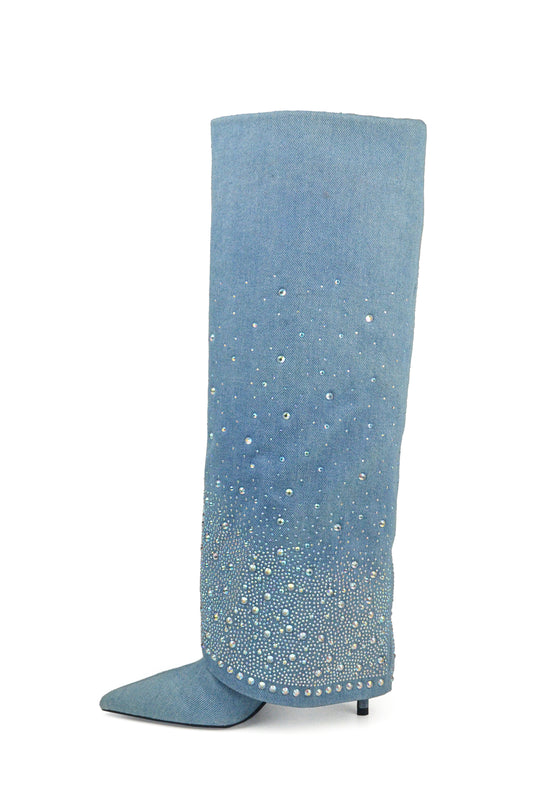 Blue Denim Pointed-Toe Rhinestone Fold-Over Wide Mid Calf Stiletto Boots