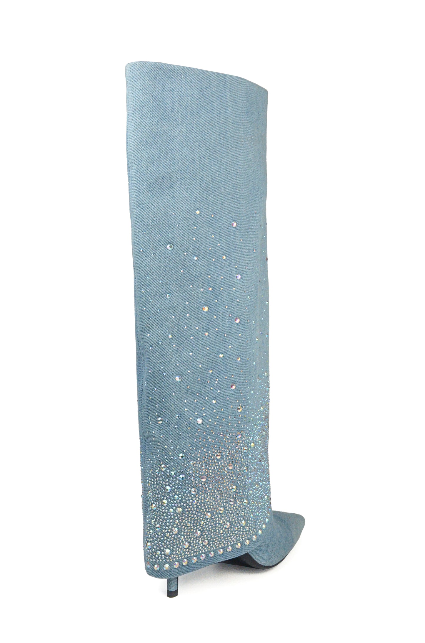 Blue Denim Pointed-Toe Rhinestone Fold-Over Wide Mid Calf Stiletto Boots