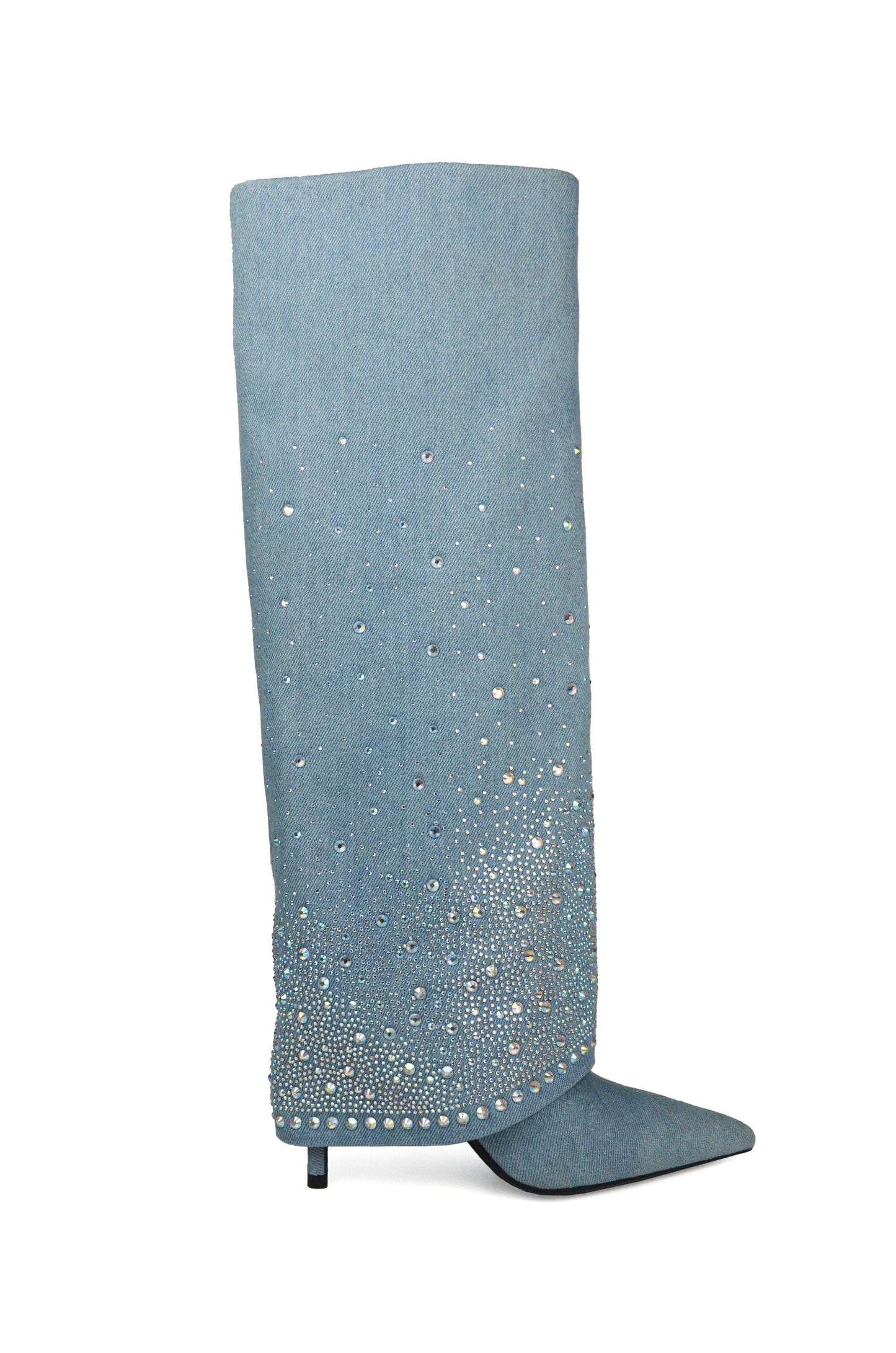 Blue Denim Pointed-Toe Rhinestone Fold-Over Wide Mid Calf Stiletto Boots