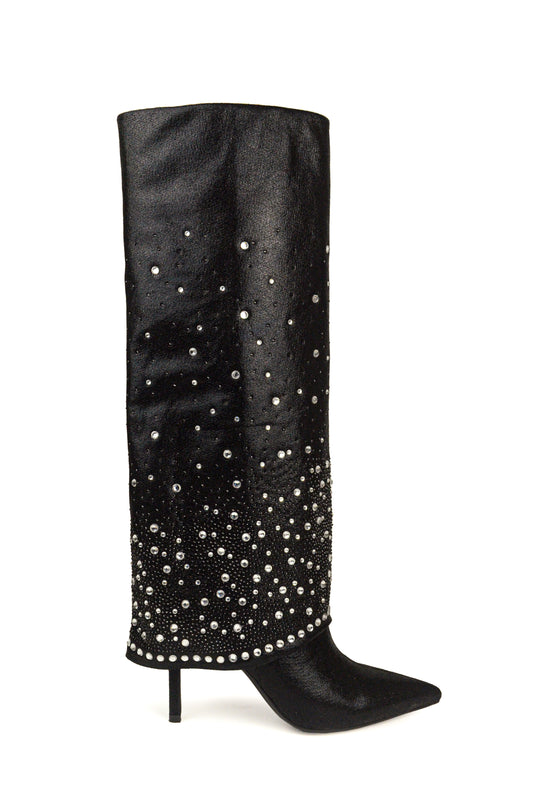 Black Pointed-Toe Rhinestone Fold-Over Wide Mid Calf Stiletto Boots