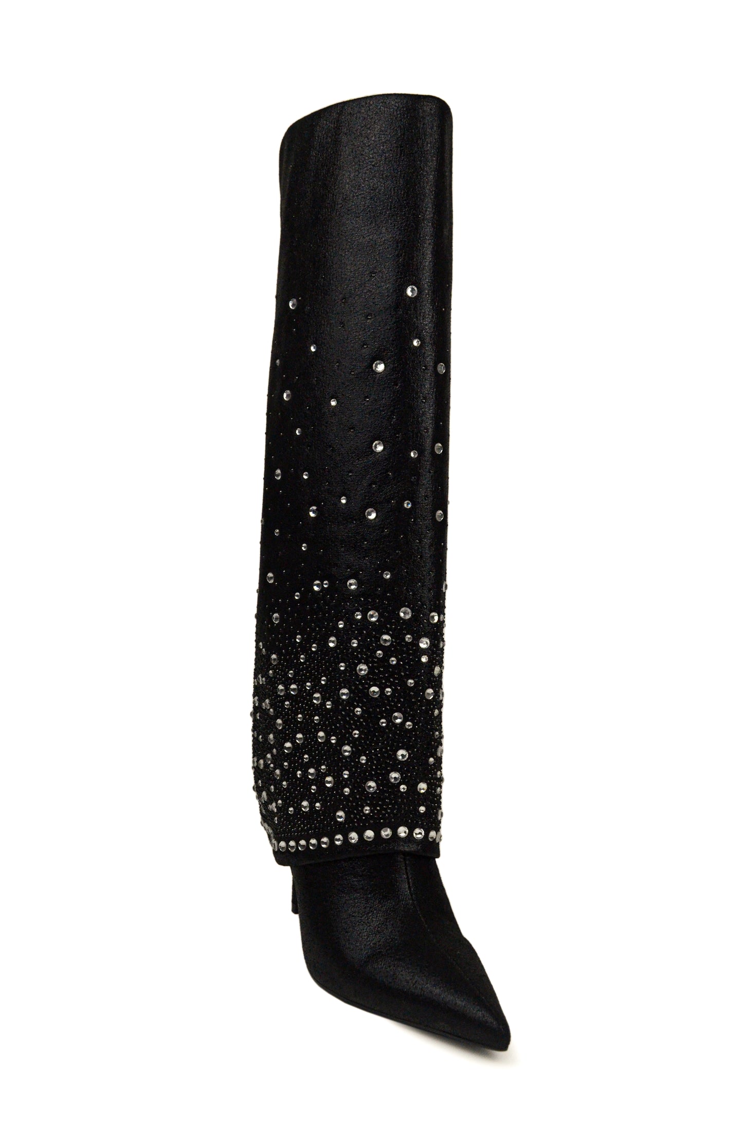 Black Pointed-Toe Rhinestone Fold-Over Wide Mid Calf Stiletto Boots