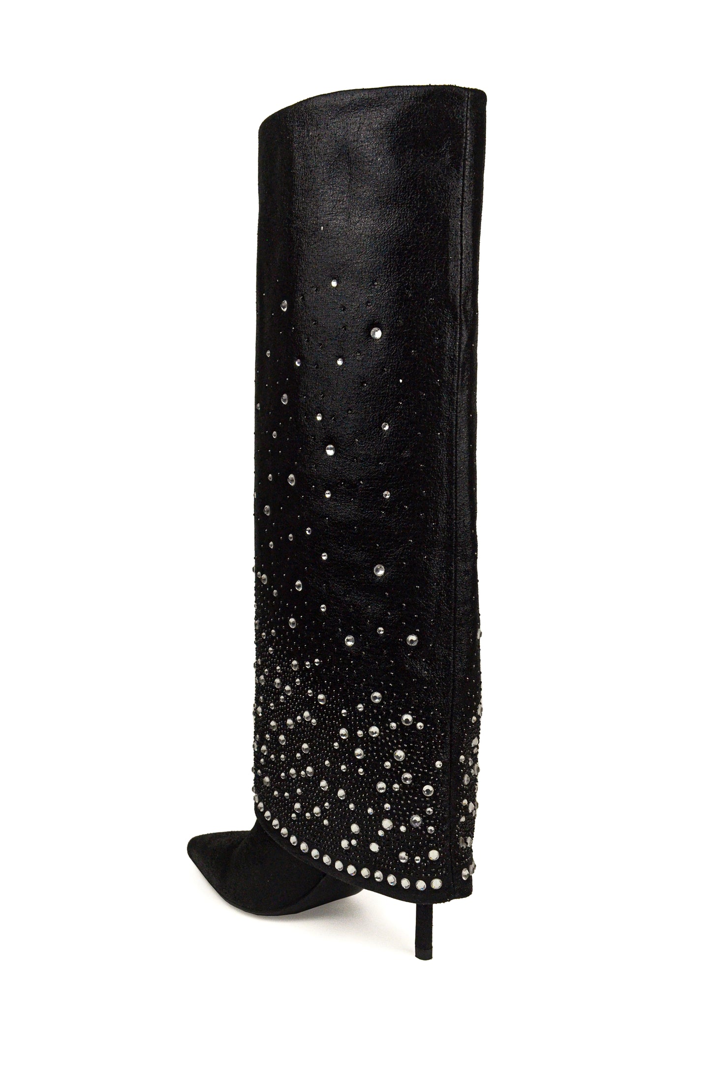 Black Pointed-Toe Rhinestone Fold-Over Wide Mid Calf Stiletto Boots