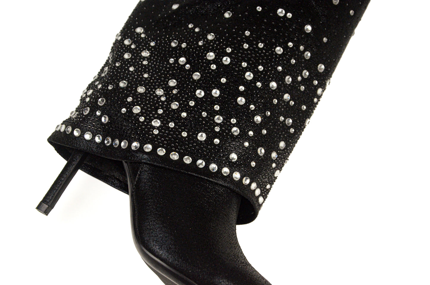 Black Pointed-Toe Rhinestone Fold-Over Wide Mid Calf Stiletto Boots