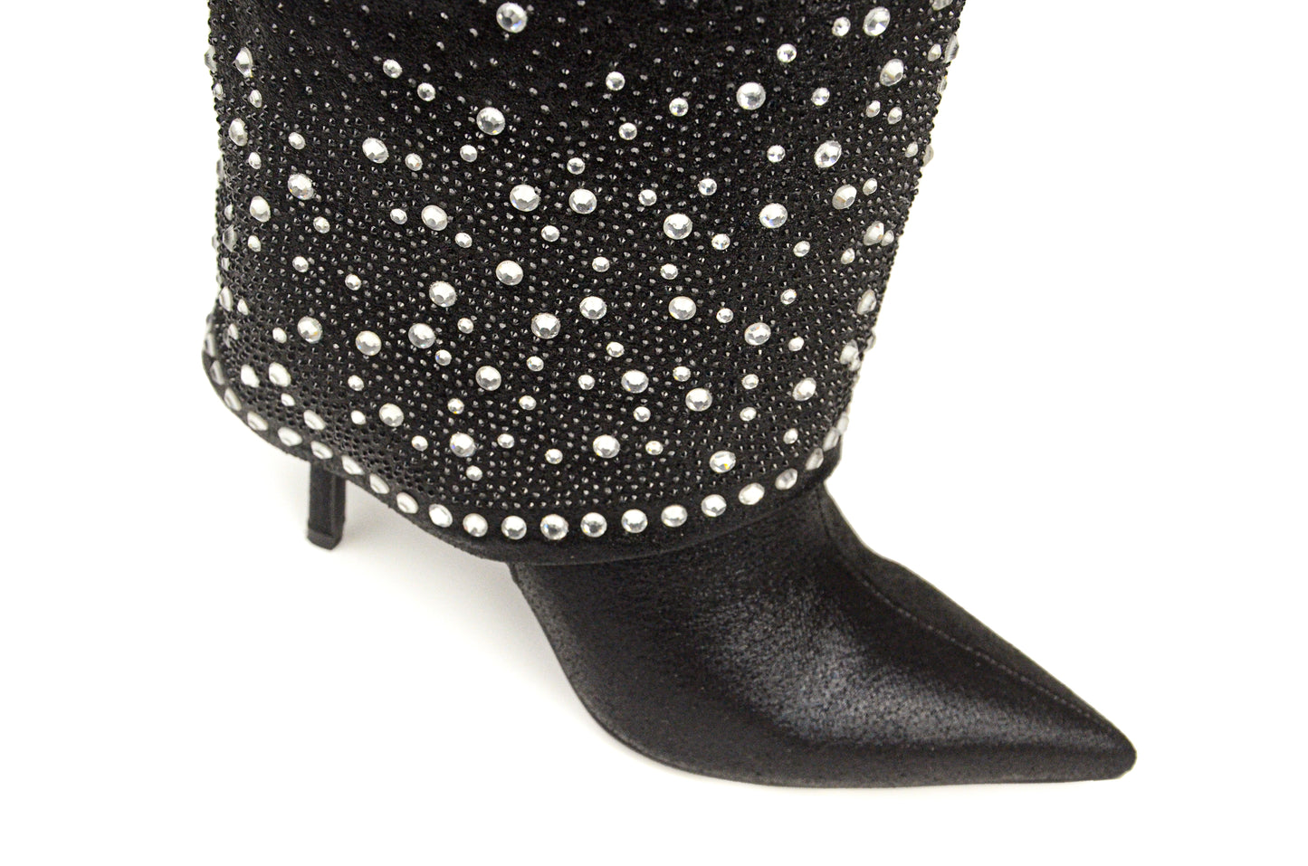 Black Pointed-Toe Rhinestone Fold-Over Wide Mid Calf Stiletto Boots