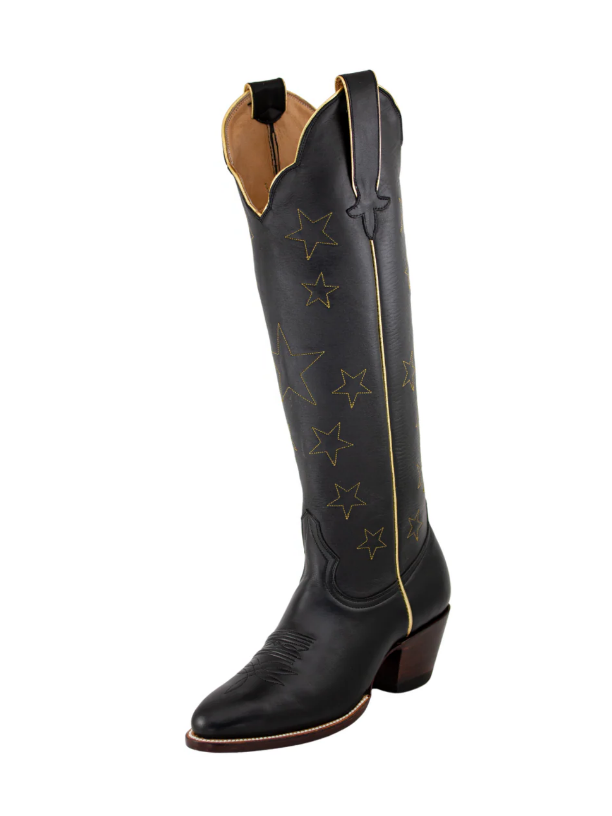 Almond-Toe Stars Embroidery Wide Calf Knee High Cowgirl Boots - Black