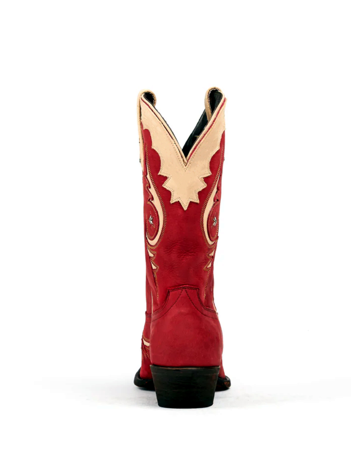 Red Snip-Toe Beige Inlay Metal Star Applique Wide Mid Calf Cowgirl Boots