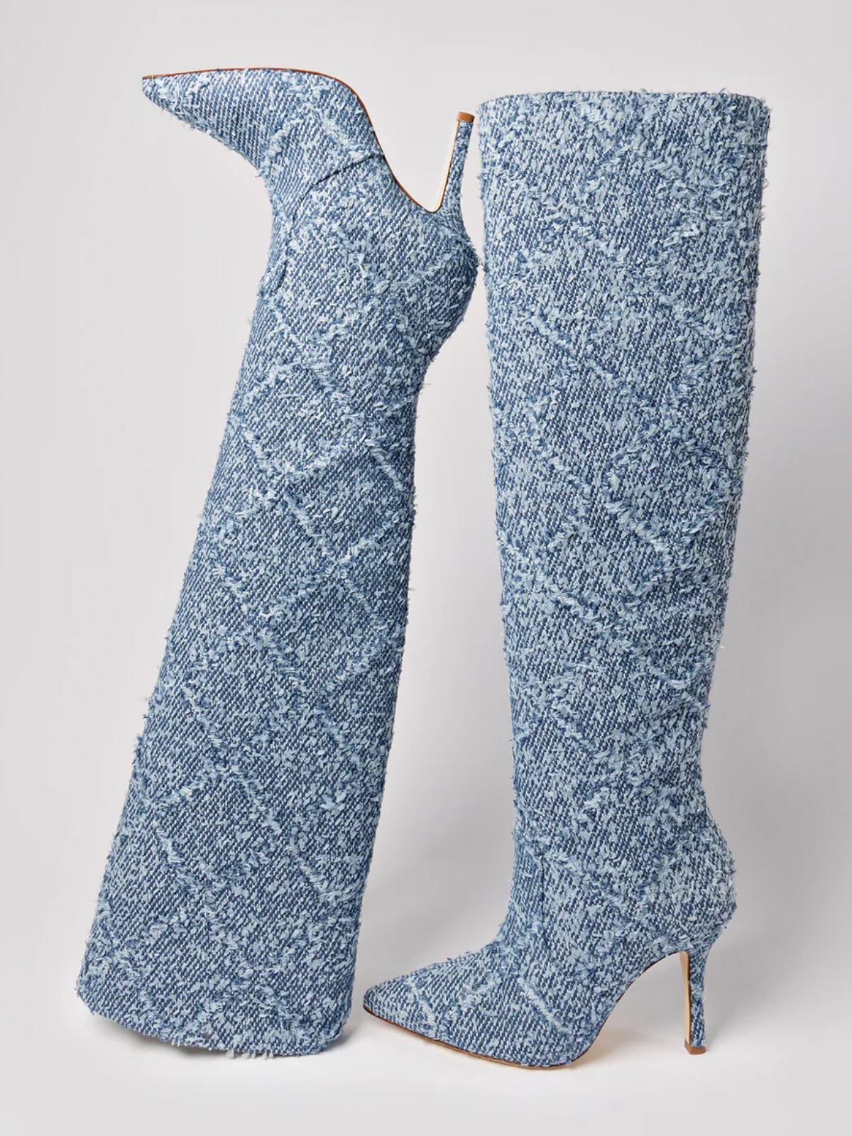 Blue Denim Pointed-Toe Fringe Wide Calf Over-The-Knee Tall Stiletto Boots