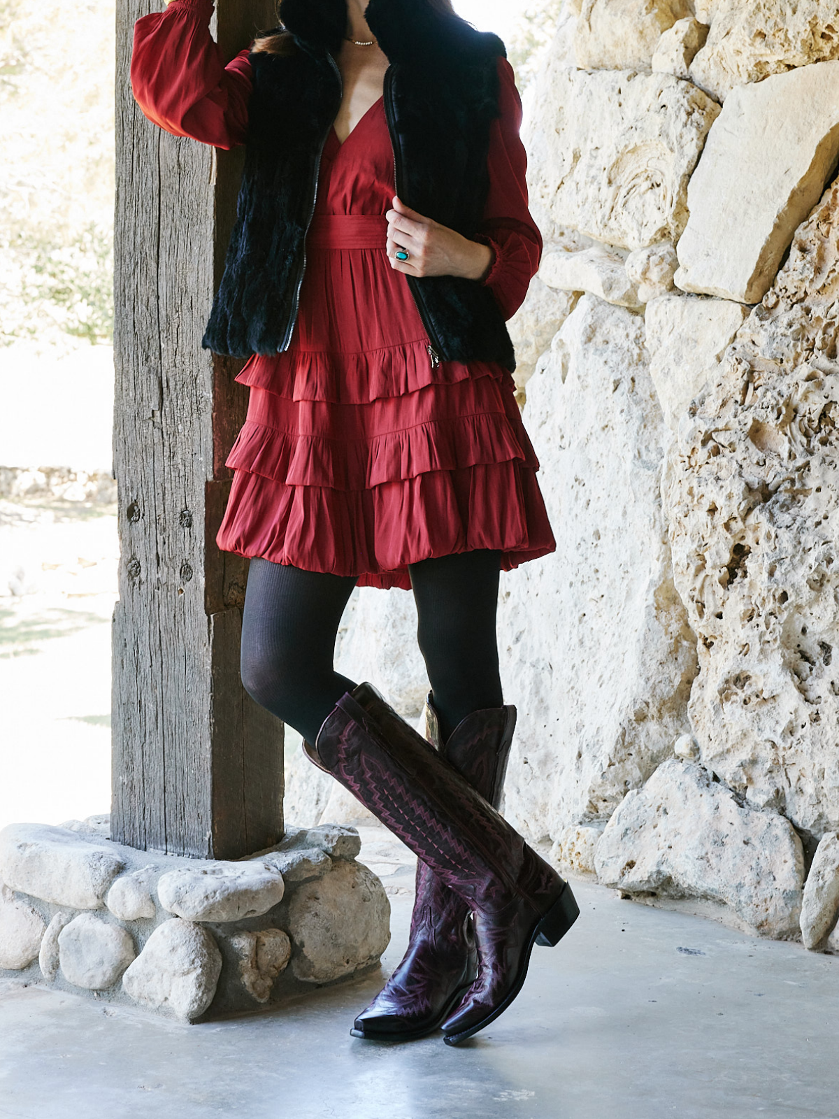 Snip-Toe Embroidery Wide Calf Knee High Tall Cowgirl Boots - Cherry Black