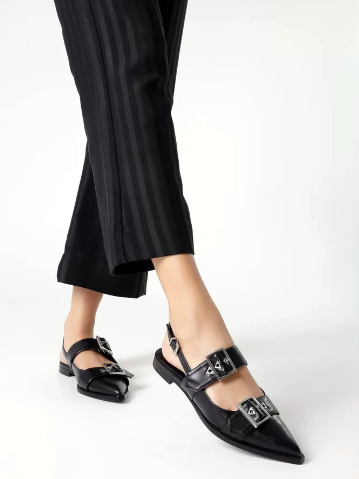 Black Eyelet Buckle Strappy Pointed Toe Flats Slingbacks