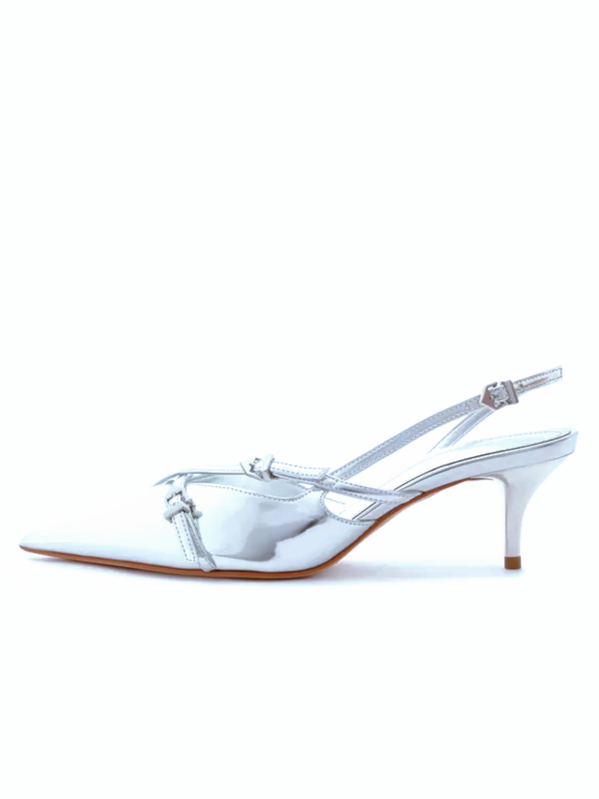 Metallic Silver Kitten Heels Slingback Courts Pumps With Crossed Buckled Strap