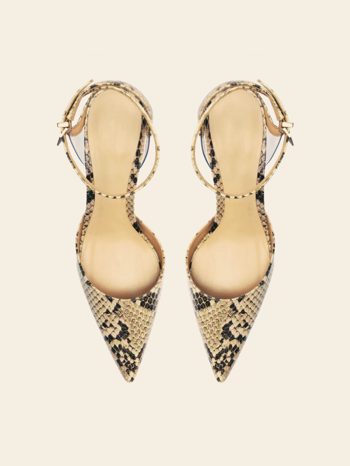 Tan Snakeskin Pointy Kitten Heels Pumps With Ankle Wrap Strap