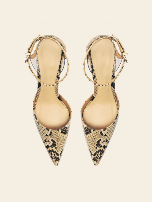 Tan Snakeskin Pointy Kitten Heels Pumps With Ankle Wrap Strap