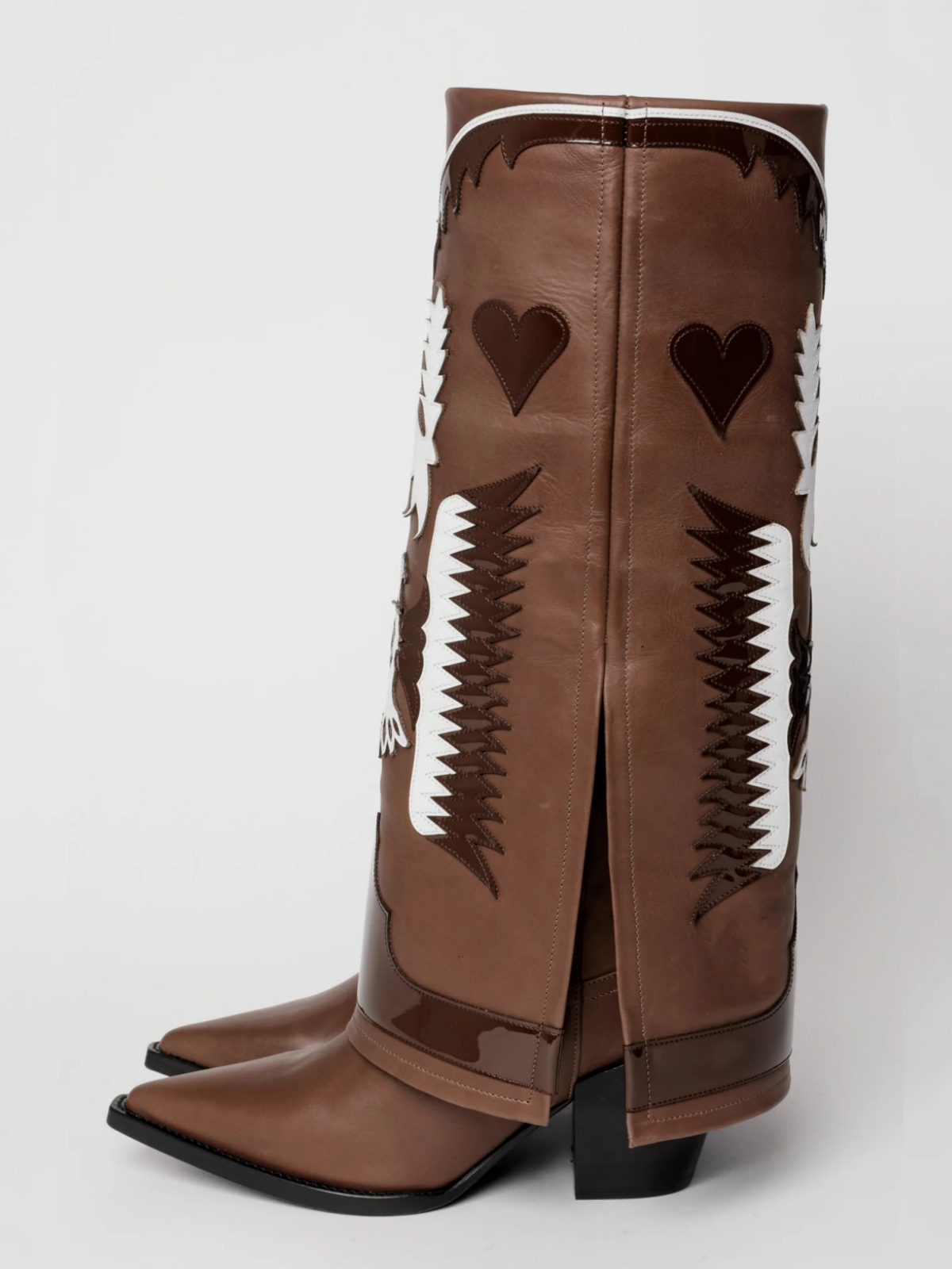 Fold-Over Panel Eagle And Heart Applique Snip-Toe Wide Mid Calf Boots - Brown