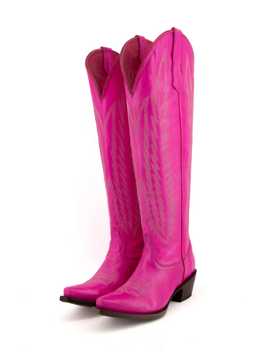 Fuchsia Embroidery Snip-Toe Half-Zip Western Knee High Tall Boots