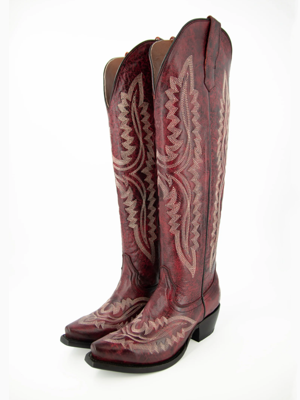 Distressed Scarlet Embroidery Snip-Toe Half-Zip Cowgirl Knee High Tall Boots