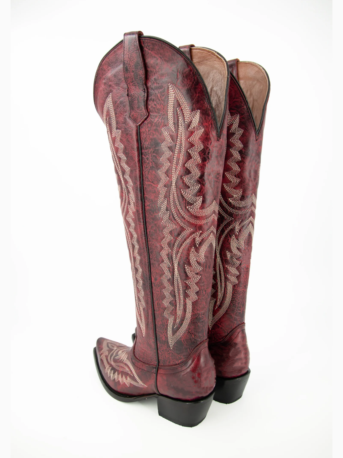 Distressed Scarlet Embroidery Snip-Toe Half-Zip Cowgirl Knee High Tall Boots