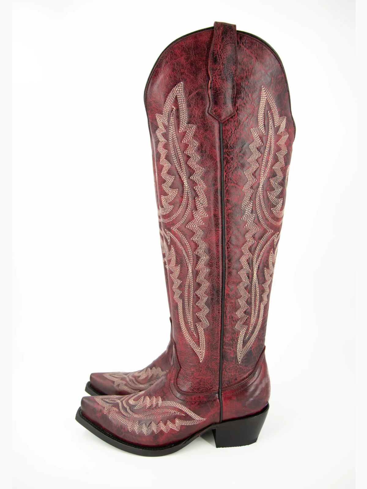 Distressed Scarlet Embroidery Snip-Toe Half-Zip Cowgirl Knee High Tall Boots