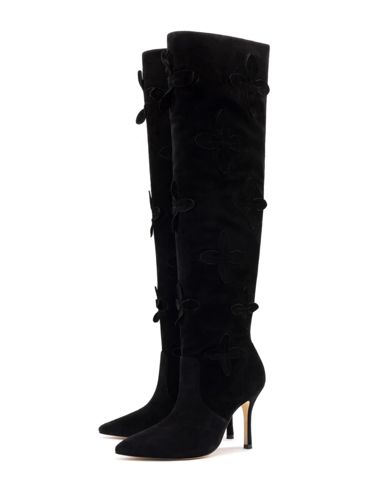 Black Faux Suede Pointed-Toe Floral Applique Wide Calf Over-The-Knee Tall Stiletto Boots