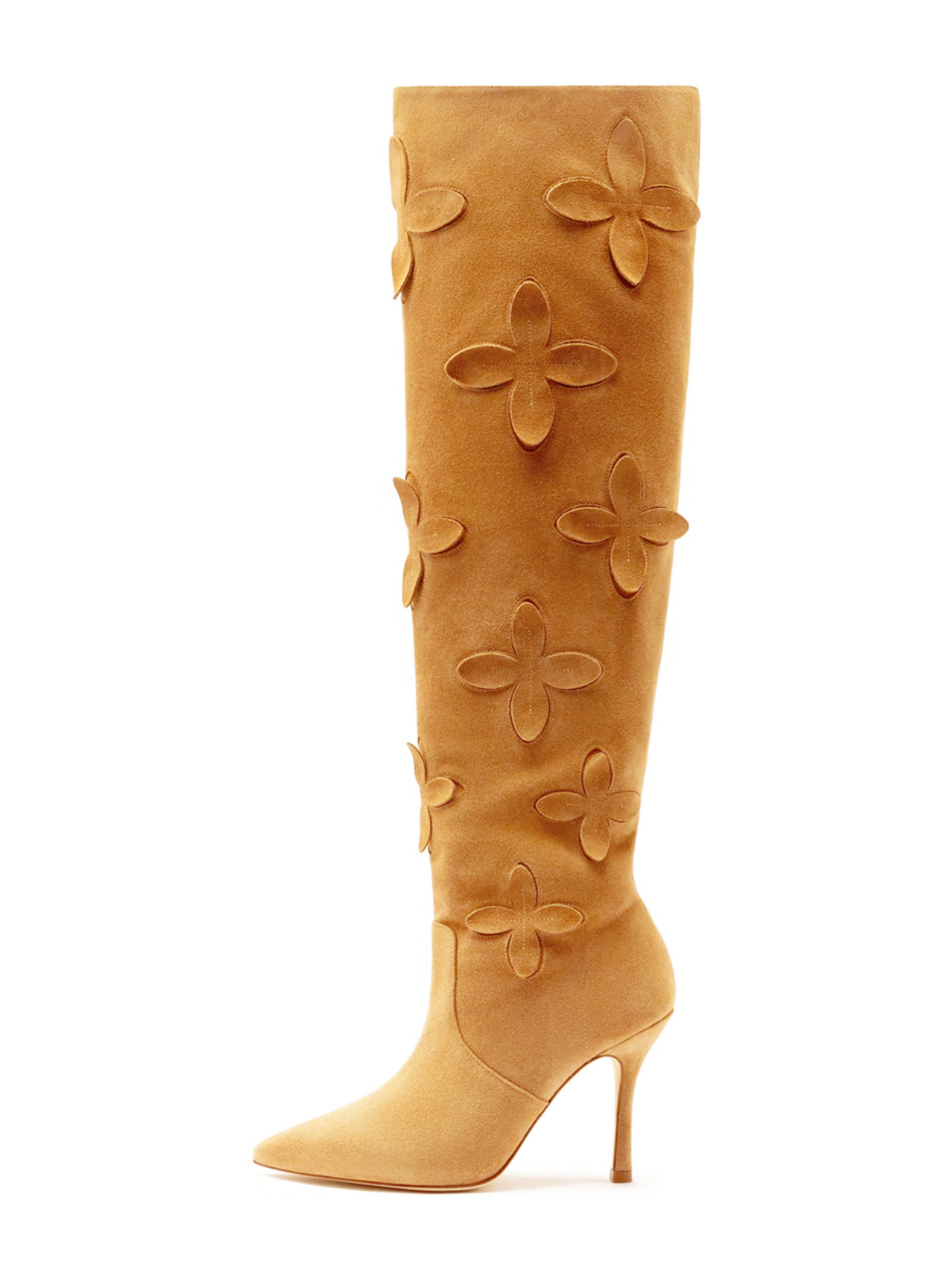 Tan Faux Suede Pointed-Toe Floral Applique Wide Calf Over-The-Knee Tall Stiletto Boots