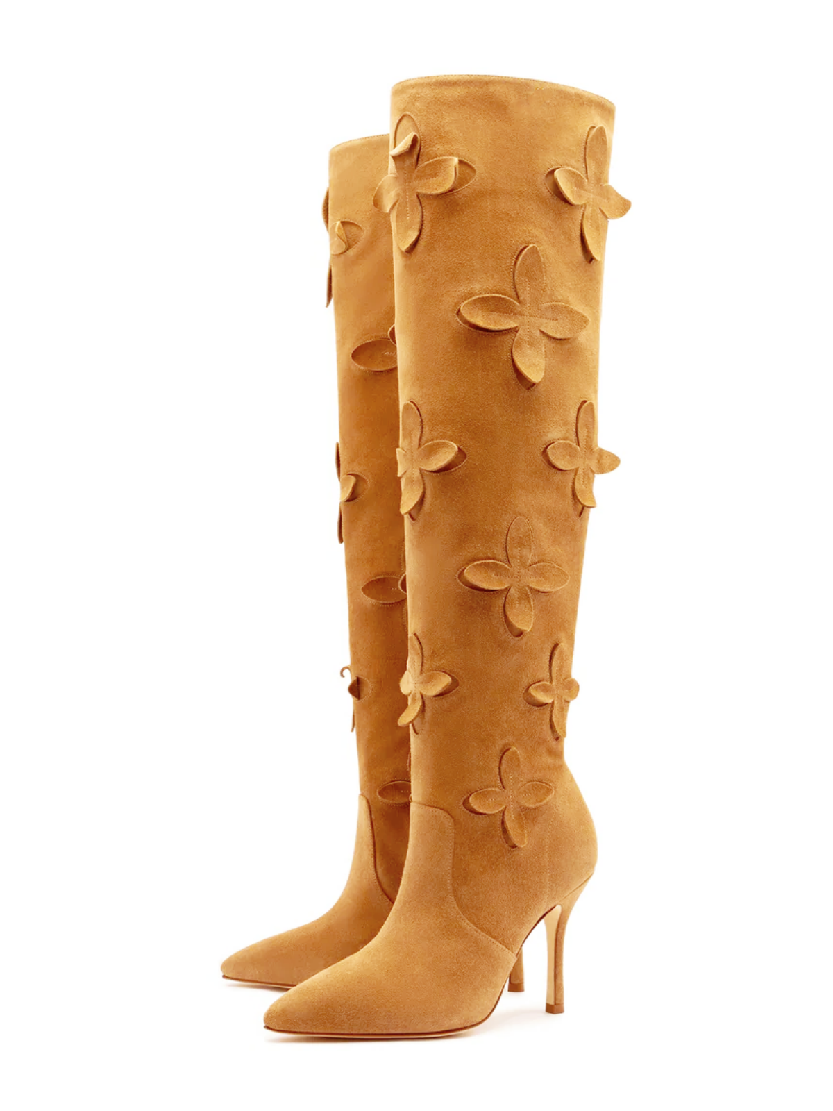 Tan Faux Suede Pointed-Toe Floral Applique Wide Calf Over-The-Knee Tall Stiletto Boots