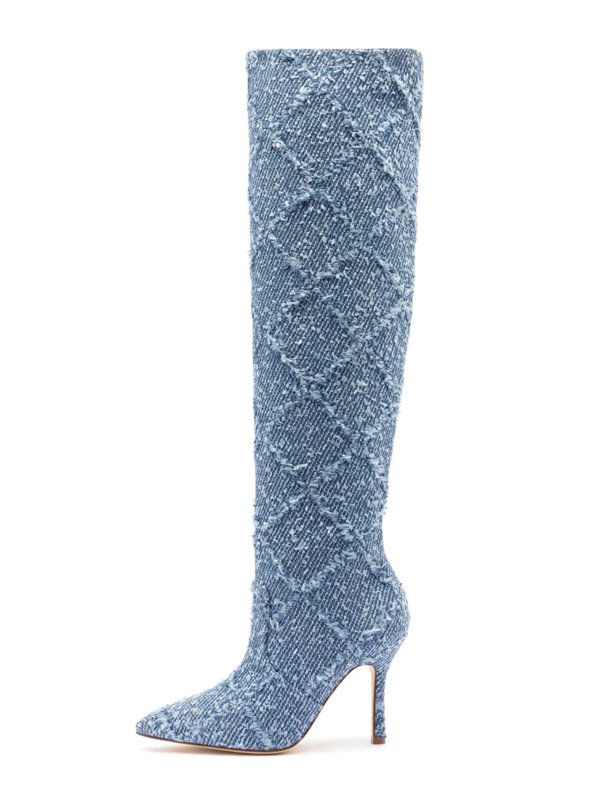 Blue Denim Pointed-Toe Fringe Wide Calf Over-The-Knee Tall Stiletto Boots