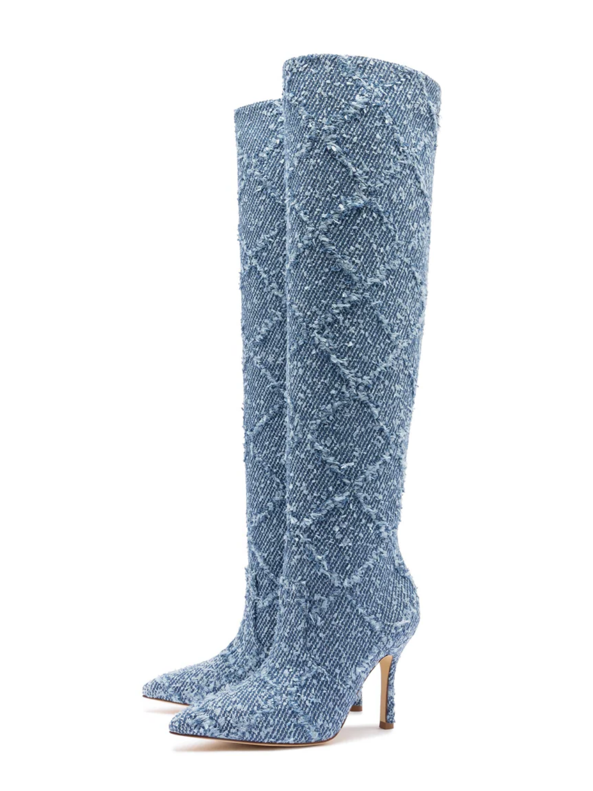 Blue Denim Pointed-Toe Fringe Wide Calf Over-The-Knee Tall Stiletto Boots