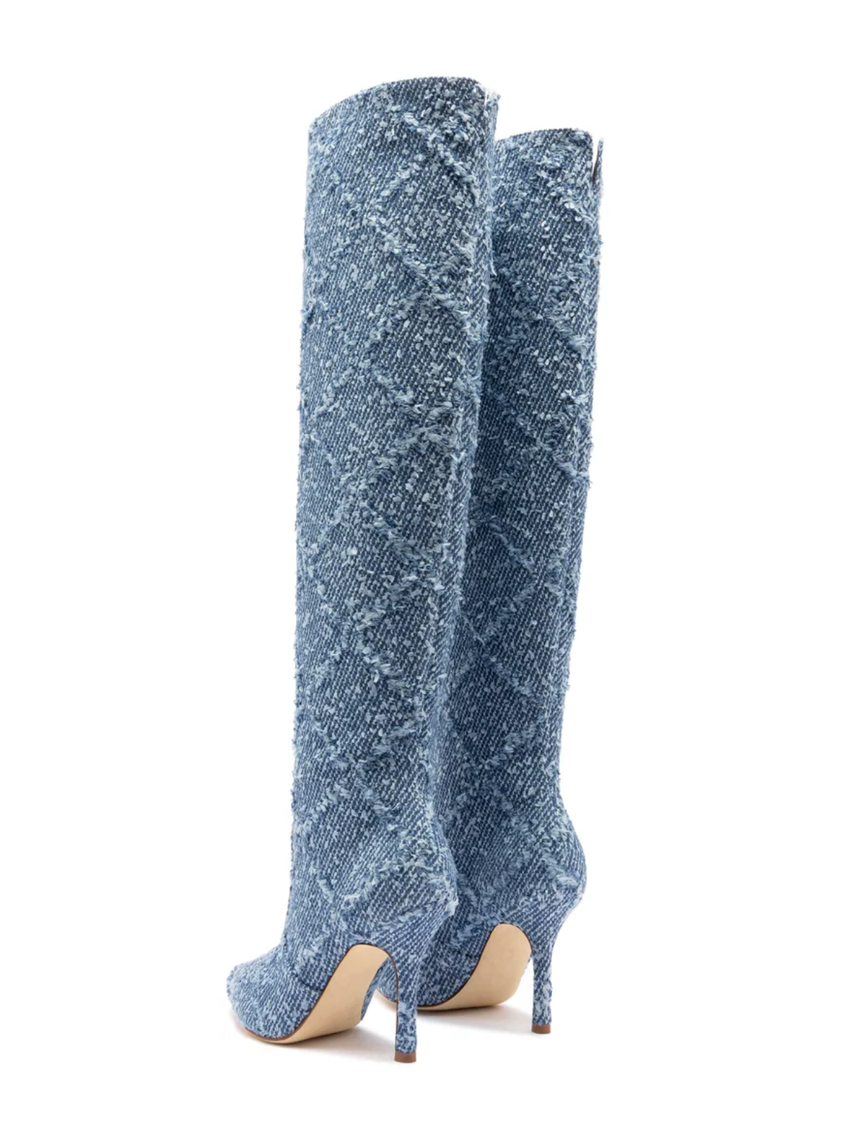 Blue Denim Pointed-Toe Fringe Wide Calf Over-The-Knee Tall Stiletto Boots