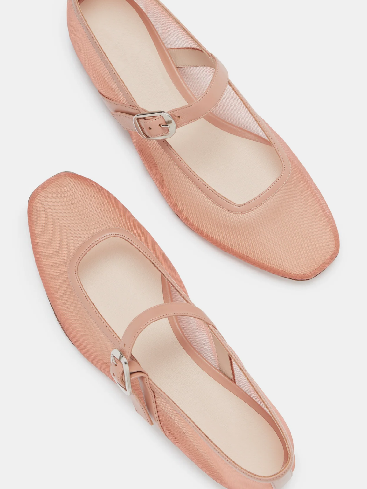 Blush Pink Mesh Square-Toe Flats Buckled Mary Janes