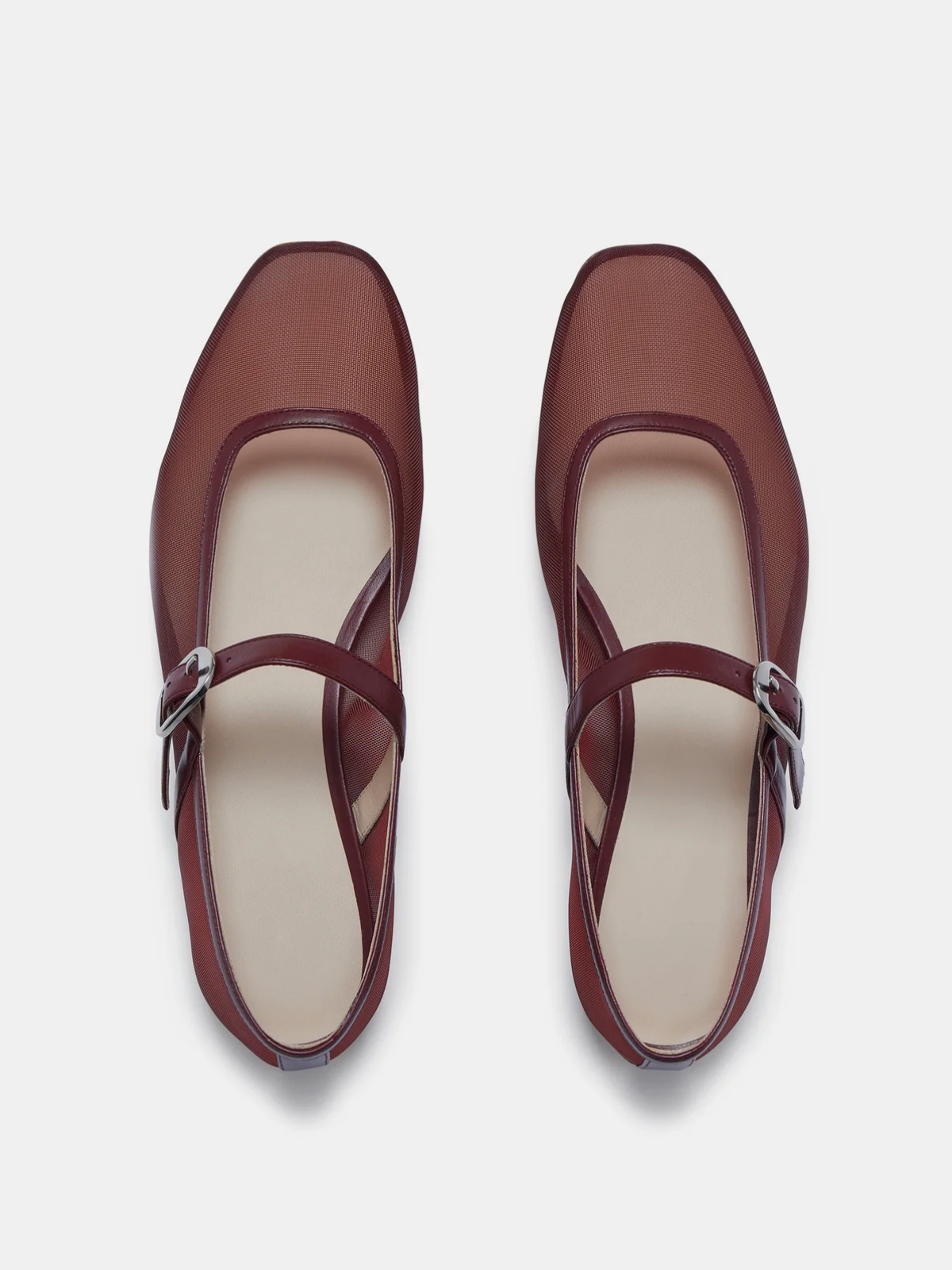 Maroon Mesh Square-Toe Flats Buckled Mary Janes