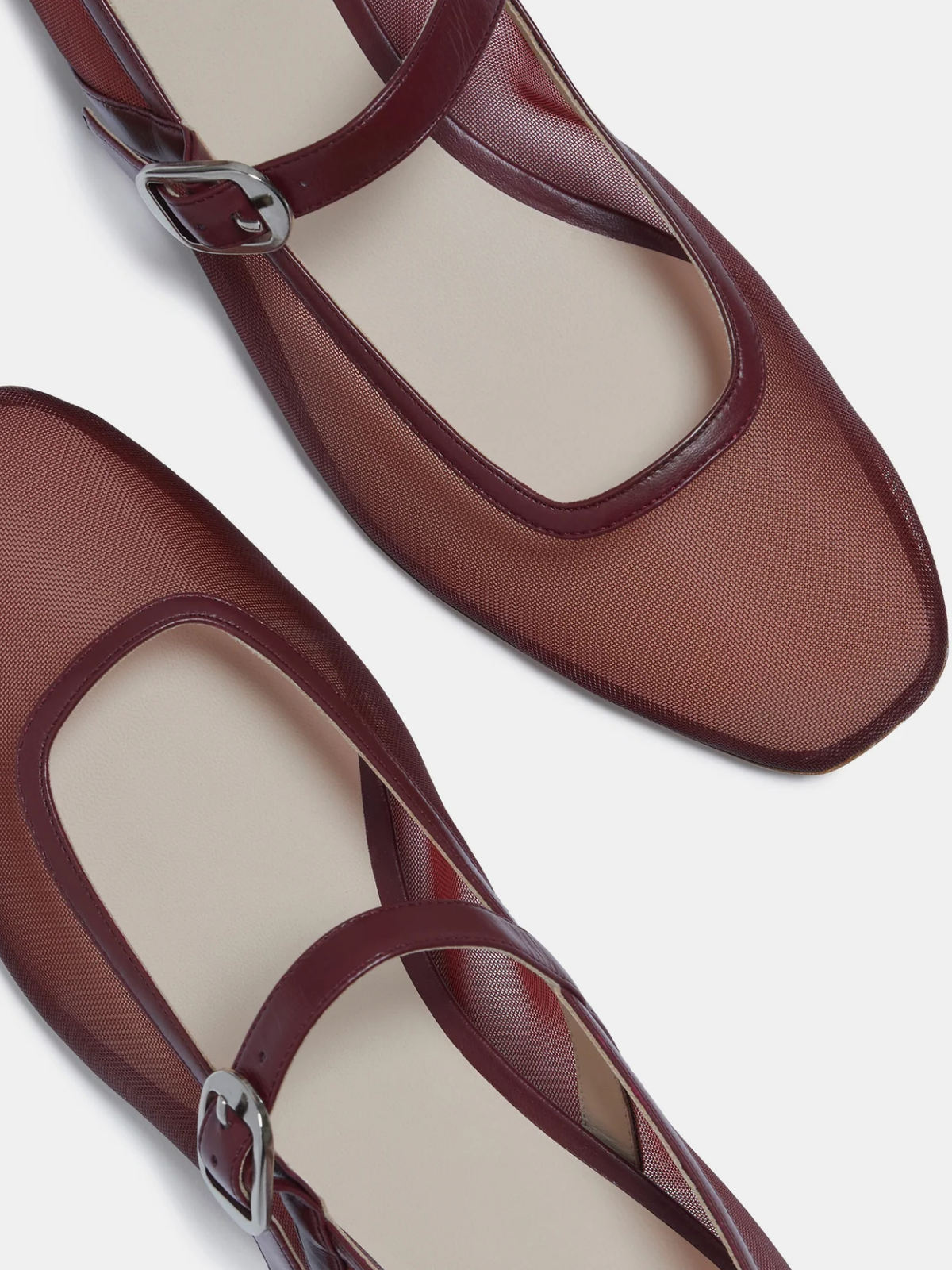 Maroon Mesh Square-Toe Flats Buckled Mary Janes