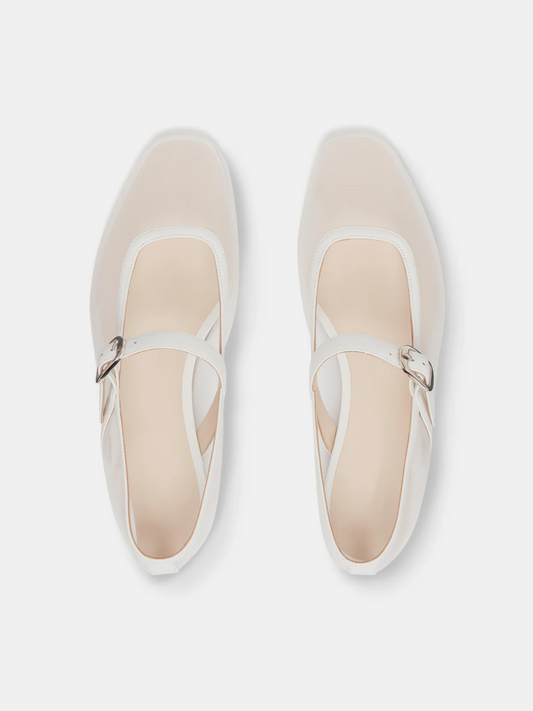 White Mesh Square-Toe Flats Buckled Mary Janes